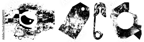 Distressed vector with gritty texture stylized eye, price tag, safety pin, hex nut. Graphic design elements for modern branding, UI, or abstract art., high contrast, urban aesthetic.