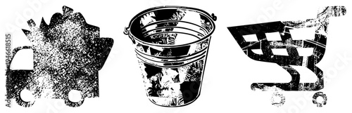 Retro styled vector car silhouette, metal bucket, shopping cart. Grunge texture,, graphic design elements. Used for UI, branding, or web assets.