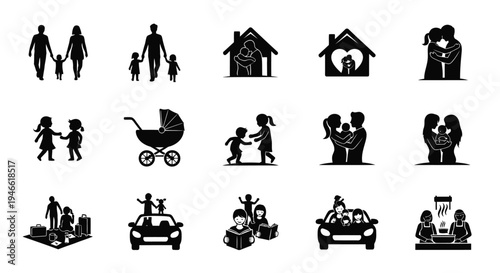 Family and relationships icons black silhouettes on white background illustrating various life stages and interactions