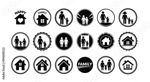 Black family and home icons set on white background for design and decoration
