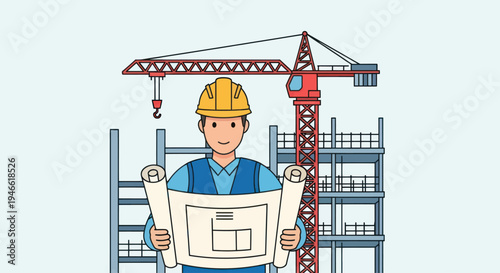 Construction Worker Holding Blueprint and Plans.