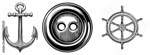 Vintage maritime including anchor, button eyed compass, and ship’s wheel, rendered in detailed art for nautical design projects.