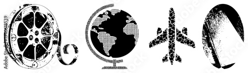 Retro film reel, dotted globe, fragmented airplane, textured disc all in distressed halftone, vector for, travel, or design projects.