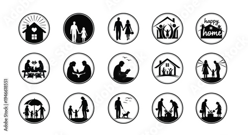 Black and white icons depicting happy family and home concepts on a white background