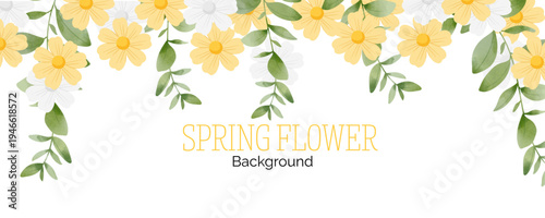 Spring floral in watercolor vector background. Luxury wallpaper design with pink flowers, line art, golden texture.
