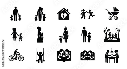 Family and parenting icons black silhouettes on white background illustrating various domestic and childcare scenes