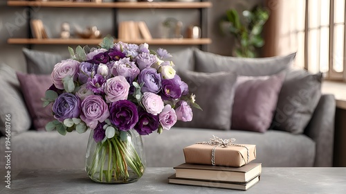 A beautiful bouquet of purple and lavender flowers sits near wrapped gifts in a cozy living room with a soft sofa and wooden shelving unit.