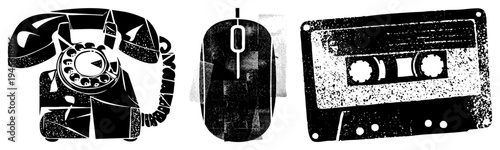 Retro tech symbols in, rotary phone dial, computer mouse, cassette tape, digital nostalgia, analog era, tech history, vintage electronics.
