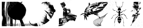 Black and white halftone vector including shark, ant, lightning bolt, and abstract shapes, stylized graphic design elements, isolated symbols for digital use.