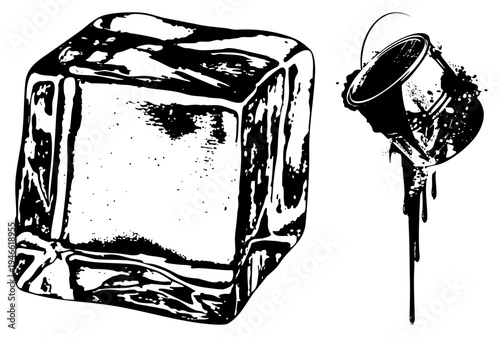 Cubic ice block melting with water droplets, paint can tipping with splatter, high contrast vector illustration, graphic design element, artistic composition.