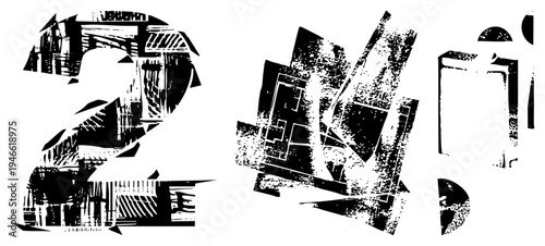 Stylized graphic characters featuring layered textures and fragmented forms, stencil art, typographic abstraction, high contrast design.