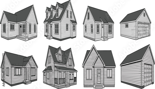 Collection of small house and cottage architectural renderings with diverse roof styles, window placements, garages, and entryways for residential design inspiration