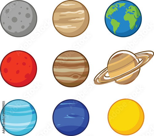 Solar system planets cartoon, sun moon earth mars venus jupiter saturn uranus neptune illustration, astronomy education vector, space science art design