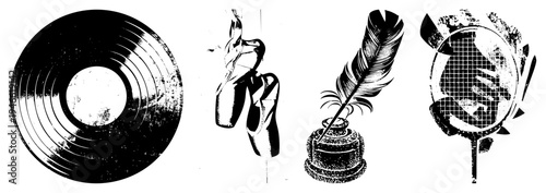 Classic black and white vector vinyl record with grooves, ballet shoes, quill pen in inkwell, badminton racket with shuttlecock. Retro graphic symbols for, culture, and recreation.