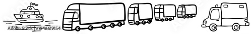 art of maritime and land vehicles, stylized transport, drawing, cargo trucks, ambulance, boat, transit fleet, vector illustration.