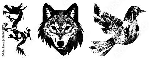 Vector animal emblems featuring dragon, wolf, and bird with distressed ink texture, ideal for tattoos or branding, bold silhouette designs.
