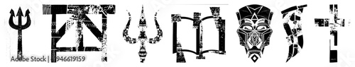 Set of symbolic including trident, rune, ouroboros, mask, and, rendered with tribal motifs and distressed textures, ideal for or occult design.