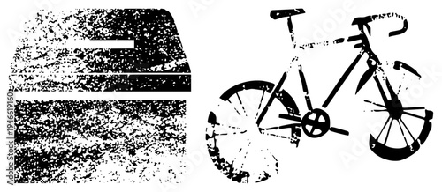 Distressed black vector of bicycle and car hood, gritty texture, urban street art, stencil graffiti style, isolated foreground elements.