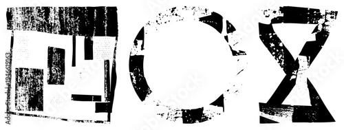 Stylized letterforms with worn, fragmented edges, high contrast black and white, graphic design elements, abstract typography, distressed font.