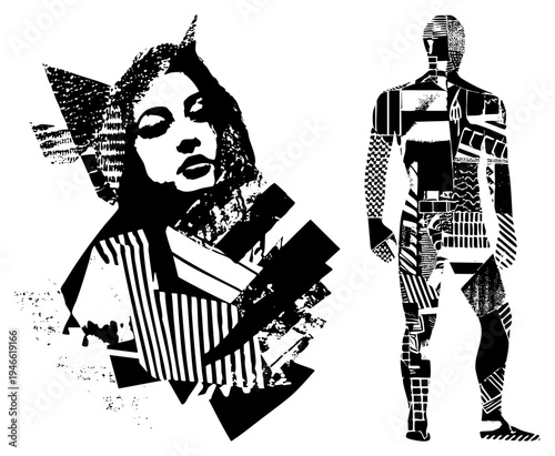 Stylized human figures with fragmented geometric, halftone textures, and bold graphic design, ideal for modern art or fashion branding.