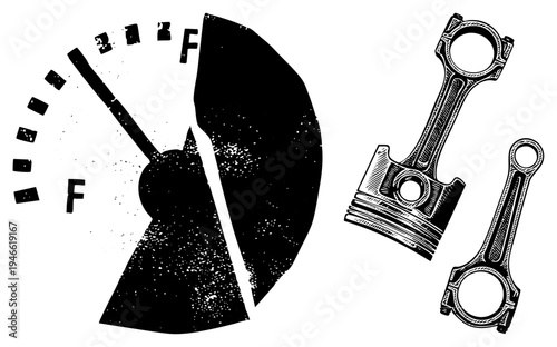 Fuel gauge with pointing low, engine connecting rods, mechanical, automotive components, vintage engine diagram, vector sketch, black and white illustration.