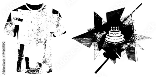 Distressed t shirt graphic with splatter texture, celebratory cake with candles, bold geometric, high contrast vector art, streetwear, festive apparel design.