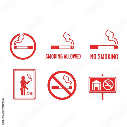 No Smoking and Smoking Allowed Signs Vector Icons Set in Red and White