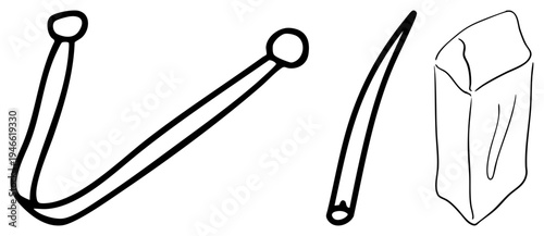 Simplified of sewing awl, bodkin, threader, and fabric, craft tools, textile design, garment making, fashion illustration.