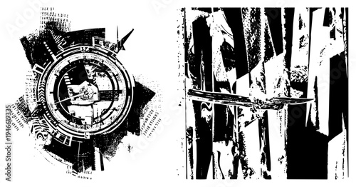 Digital timepiece with binary data streams, circular interface, tech aesthetic, glitch art style, vector graphic, design.