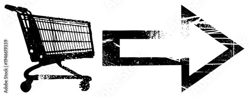 Black and white shopping cart pointing right with arrow, retail, checkout symbol, e commerce graphic, minimalist vector.