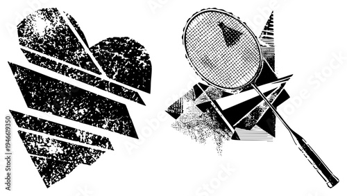 Heart shattered into geometric beside badminton racket, halftone texture, graphic art, emotional sports contrast, vector illustration.