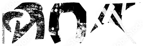 Three stylized abstract glyphs with gritty texture, halftone shading, and geometric distortion, vector art, isolated design elements.