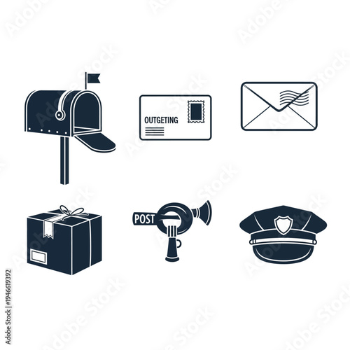 Postal Service Icon Set with Mailbox Envelope Parcel Post Horn and Postman Cap