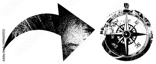 Vintage compass with cardinal points, distressed texture, directional arrow, navigation, vector graphic, halftone style, orientation symbol.