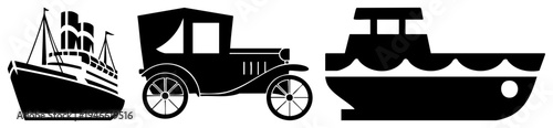 Classic with smokestacks, vintage automobile with spoked wheels, modern boat with waves all as bold black vector, isolated foreground elements, clean minimalist design.