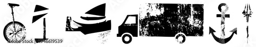 Vector featuring unicycle, sailboat, delivery truck, anchor, trident, and abstract shapes, rendered in high contrast black with distressed texture, ideal for UI, signage, or branding.