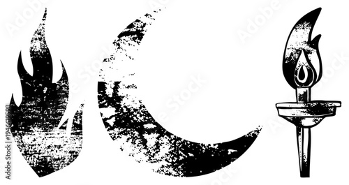 Stylized flame, moon, and torch rendered in distressed black and white, vintage graphic design, symbolic for mysticism or night themes.