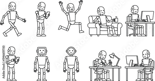 robot, character, set, robot, ai, technology, automation, android, humanoid, cartoon, illustration, lineart, digital, assistant, machine, futuristic, workplace, collection, mascot, design