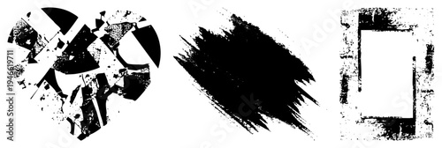 Broken heart silhouette composed of angular, bold brushstroke smear, distressed rectangular frame, vector art, graphic design elements.