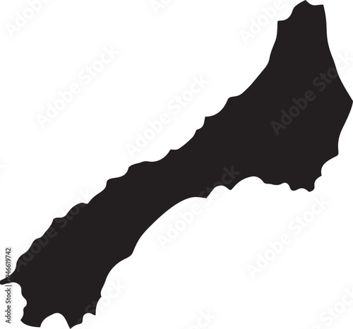 Black silhouette of a long narrow island with a jagged coastline isolated on a white background representing geography and travel