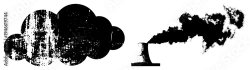 Grunge textured smoke cloud, industrial emissions, pollution plume, vector silhouette, halftone spray, urban decay, environmental graphic.