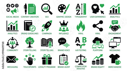 Digital Marketing Business Icons Modern Professional Flat Design Black and Green Vibrant Vector Graphic Collection for Online Strategy and Web Development