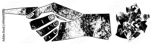 Black and white halftone pointing hand, gesture of direction or accusation, accompanied by crumpled paper ball, graphic design element, isolated illustration.