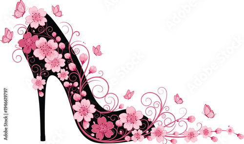 High heel shoe illustration, floral butterfly design, fashion art vector, elegant feminine style, pink decorative motif, beauty inspired artwork