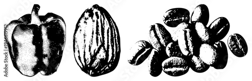 Vintage style halftone drawing of bell pepper, almond, and coffee beans, rendered in, food illustration, botanical sketch, culinary graphic.