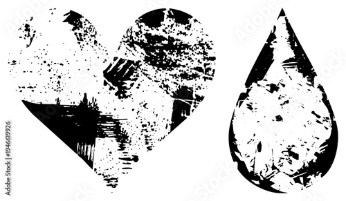 Distressed black heart and teardrop with speckled halftone texture, graphic design elements, abstract symbols, vector illustration, emotional motifs.