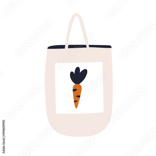 Eco tote bag, cotton fabric shopper with vegetable print. Reusable canvas textile totebag with handles. Natural shopping, organic grocery. Flat vector illustration isolated on white background