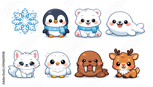 Arctic animal characters and snowflake on dark background