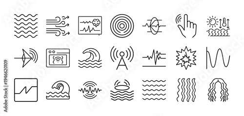 Diverse collection of abstract line art symbols representing various concepts and technologies