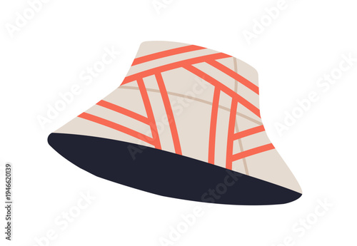 Panama, sun hat with abstract pattern, stripe line print. Protection sunhat, head wear, accessory. Protective headwear, clothing in modern style. Flat vector illustration isolated on white background.